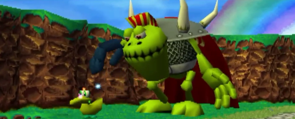 A screenshot of a cutscene in the original Croc; rainbow clearly visible in the sky